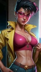 1girls ai_generated breasts earrings female jeans jubilation_lee jubilee large marvel marvel_comics necklace pink-tinted_eyewear shades short_hair sunglasses tinted_eyewear x-men