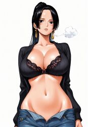 ai_generated alluring belly_button big_breasts black_eyes black_hair blush boa_hancock breasts color colored earring earrings female female_only jeans long_hair looking_at_viewer one_piece ponytail seducing seduction seductive seductive_body seductive_eyes seductive_gaze seductive_look seductive_mouth seductive_pose shiny_hair shiny_skin snake_earrings steamy_breath voluptuous voluptuous_female yashin