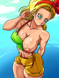 android_18 blonde_hair blue_eyes boobs_out booty_shorts crop_top dragon_ball dragon_ball_super dragon_ball_z hoop_earrings launch_(cosplay) looking_at_viewer looking_up nipple_slip ribbon_in_hair superspacewarrior thick_thighs