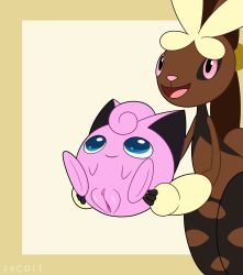 39coit ambiguous_gender anthro carrying_another female feral generation_1_pokemon generation_6_pokemon genitals hi_res jigglypuff mega_evolution mega_lopunny nintendo on_model open_mouth plump_labia pokemon pokemon_(species) presenting pussy simple_background size_difference smile spread_legs spreading