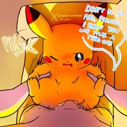 angry blush bodily_fluids closed_eyes cum cum_inside dialogue duo female feral generation_1_pokemon genital_fluids godforgiveme4 hi_res human leg_grab male male/female mammal nintendo pikachu pokemon pokemon_(species) text thigh_grab