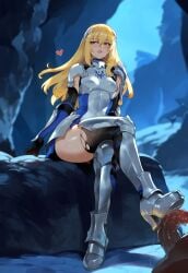 1boy 1girls ai_generated aiz_wallenstein armour blonde_hair cave dungeon_ni_deai_wo_motomeru_no_wa_machigatteiru_darou_ka footjob footjob_with_legwear high_heels ignisai penis uncensored