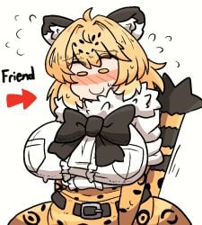 1girls animal_ears animal_humanoid big_breasts blonde_hair breasts clothed_female doodle english_text jaguar jaguar_(kemono_friends) kemono_friends light-skinned_female mob_face notnoe_(dxcl) request sweat tail text white_background yellow_eyes yellow_hair