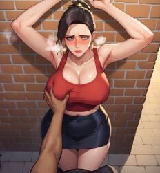 1boy 1girls against_wall ai-created ai_generated alex-schura ami_ahn_(queen_bee) armpits arms_up bare_shoulders black_hair black_skirt blue_eyes blush breast_grab breasts breath brick_wall cleavage clothing completely_nude curvaceous curvaceous_female curvaceous_figure curvy curvy_figure dark-skinned_male earrings erection female female_focus grabbing grey_eyes groping hair_bun heavy_breathing hoop_earrings huge_breasts interracial jewelry landlord's_little_daughter large_breasts looking_at_viewer makeup male mature_female midriff miniskirt mrs._ahn navel out_of_frame outdoors partial_male pencil_skirt ponytail pov pov_hands queen_bee_(manhwa) red_lips shirt single_hair_bun skirt solo_focus standing straight sweat tank_top thick_thighs thighs tied_hair voluptuous voluptuous_female