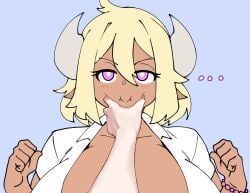 annoyed big_breasts blonde_hair breasts button_shirt clothes cow_girl cow_horns cow_tits dmxwoops female horns huge_breasts margarine_(deumosden) meme pov_cheek_grabbing_(meme) purple_eyes short_hair wholesome