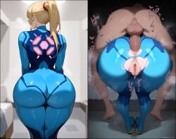 ai_generated anal anal_sex ass big_ass big_penis blonde_hair dark-skinned_male domination huge_ass interracial jarentr male_on_top metroid nintendo penis pussy pussy_juice samus_aran sex skin_tight standing testicles torn_clothes torn_clothing zero_suit_samus