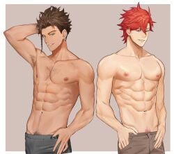 2boys abs arm_up armpit_hair armpits braid brown_eyes brown_hair brown_pants claude_von_riegan dark-skinned_male dark_skin fire_emblem fire_emblem:_three_houses green_eyes grey_pants male male_focus male_only multiple_boys muscular muscular_male nintendo nipples pants pubic_hair red_hair short_hair smile sylvain_jose_gautier teeth zhineart