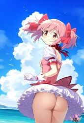 ai_generated artist_logo ass ass beach big_butt bubble_butt cute_ass daytime hair_ribbon highres madoka_kaname madoka_worship magical_girl mahou_shoujo_madoka_magica ocean outdoors petite pink_eyes pink_hair puella_magi_madoka_magica red_ribbon ribbon ribbons thick_ass thick_thighs twintails upskirt