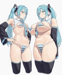 2girls alternate_breast_size bare_shoulders between_breasts big_ass big_breasts big_butt big_thighs bikini black_thighhighs blue_bikini blue_eyes blue_hair blue_necktie blush_stickers breast_envy breast_size_difference breasts breasts_size_difference closed_mouth cowboy_shot cropped_legs detached_sleeves dual_persona eye_contact frown hands_on_own_hips hatsune_miku hatsune_miku_(collared_bikini) highres huge_ass huge_breasts huge_butt huge_thighs large_ass large_breasts large_butt large_thighs long_hair looking_at_another micro_bikini multiple_girls navel necktie necktie_between_breasts riki_(riki_unc) simple_background skindentation small_ass small_breasts small_butt small_thighs smile striped_bikini striped_clothes swimsuit thighhighs twintails two-tone_bikini v-shaped_eyebrows vocaloid white_background