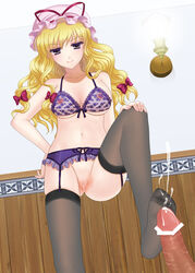 alha ass bare_shoulders blonde_hair bow bra breasts censored collarbone cum feet female femdom footjob garter_belt hair_ornament hairbow hat hat_ribbon highres human lingerie long_hair male midriff mob_cap navel nipples no_shoes penis pussy ribbon see-through smile solo_focus straight thighhighs touhou underwear yukari_yakumo