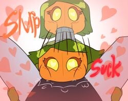 deepthroat heart heart heart-shaped_pupils if_it's_too_much_you_don't_(meme) jacqueline_(monster_prom) monster_camp monster_prom monster_roadtrip oc original_character plant_girl pumpkin pumpkin_head robot robot_boy sucking sucking_penis time_jester_(artist)