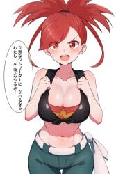 1girls big_breasts breasts cleavage crop_top dan exposed_belly female female_focus female_only flannery_(pokemon) flannery_(pokemon_oras) kami nintendo pokemon pokemon_oras red_eyes red_hair solo solo_female tied_hair white_background