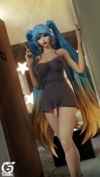 3d blue_hair breasts cigarette dick doorway dorm futa_only futanari league_of_legends looking_at_viewer otaviox6 pierced_nipples riot_games smoking solo_futa sona_buvelle standing transparent_clothing