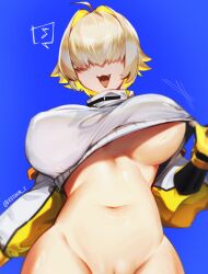 1girls :3 ahoge blonde_hair cropped cute_fang elegg_(nikke) female gloves goddess_of_victory:_nikke hair_over_eyes hi_res huge_breasts kazuya_(kozun) navel pussy underboob