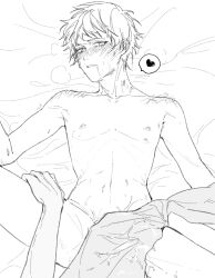 1boy aji_(sagi_45) atou_haruki blush commentary_request completely_nude drooling greyscale hand_on_another's_leg hickey highres implied_yaoi male_focus monochrome nipples no_visible_genitalia nose_blush nude on_bed saibou_shinkyoku short_hair skinny solo_focus sweat visible_air young