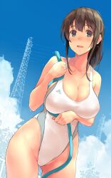 1girl 1girls arm_under_breasts big_breasts blush breasts female female_only highleg highleg_swimsuit hose huge_breasts kekemotsu long_hair looking_at_viewer nikuzume open_mouth power_lines swimsuit wet