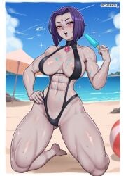 1girls 2024 2d abs areola_slip areolae athletic athletic_female beach blush blush_lines blushing breasts cameltoe cartoon_network cheekie0 color dc dc_comics english_text female female_only forehead_jewel grey_body grey_skin holding_object holding_popsicle kneeling looking_at_viewer medium_hair muscular muscular_female muscular_thighs navel open_mouth painted_nails partially_clothed popsicle public purple_nails raven_(dc) revealing_clothes sand solo solo_female sweat sweating sweaty sweaty_arms sweaty_body sweaty_breasts sweaty_thighs teen_titans text thick_thighs thighs