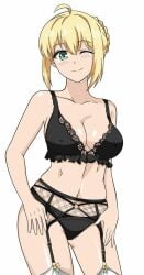 black_lingerie blush cleavage fate/stay_night fate_(series) hfxpins lingerie saber yellow_hair