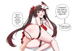 1boy 1girls anal anal_access anal_fingering anal_masturbation anal_only anal_only_panties backless_panties brown_hair devil4826 dress female female_focus fingering honkai:_star_rail huge_ass male red_eyes spanish_text sparkle_(honkai:_star_rail) text twintails