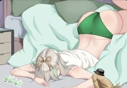 1girls 2d 2d_(artwork) ass cecilia_immergreen doll_joints face_down face_down_ass_up female female_focus female_only green_panties half_naked hololive hololive_english hololive_english_-justice- long_hair panties silver_hair tagme varleitt virtual_youtuber