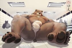 2024 anthro asian_clothing balls_outline bear belly ben_bigger brown_body bulge clothing detailed_bulge east_asian_clothing feet fundoshi genital_outline group haohu hi_res japanese_clothing kemono male male_only mammal mihoyo moobs nipples overweight overweight_male penis_outline scar soap solo_focus solo_male underwear white_clothing white_fundoshi white_underwear zenless_zone_zero