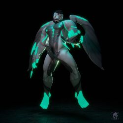 1boy 3d_(artwork) bara beard boreas_(luna_sanctus) gay glowing_markings glowing_nipples luna_sanctus luna_sanctus_tactics monster muscular_male soevgdr solo winged_humanoid