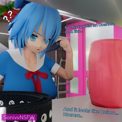 1futa 3d 3d_(artwork) ?? artificial_vagina artist_name big_breasts blue_eyes blue_hair breasts cirno clothing dialogue english_text fairy fully_clothed futa_only futanari imminent_masturbation onahole sex_toy short_hair solo solo_futa sonivvnsfw tagme text touhou watermark