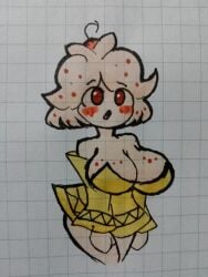 big_breasts big_breasts breast breasts busty cute cute_face cute_female freckles freckles_on_breasts hair_accessory hair_ornament ice_cream ice_cream_creature ice_cream_girl ice_cream_humanoid looking_up merei_(thatartistann) red_eyes short_hair thatartistann yellow_dress