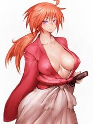 1girls big_breasts blue_eyes breasts busty cleavage facial_scar female female_focus female_only fumio_(rsqkr) hakama hourglass_figure human human_only katana kenshin_himura large_breasts light-skinned_female light_skin long_hair orange_hair pale-skinned_female pale_skin ponytail purple_eyes red_hair rule_63 rurouni_kenshin scar shounen_jump solo standing sword tied_hair uncensored weapon white_background