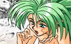 90s animated blush closed_eyes fellatio female fingernails giga_(company) green_eyes green_hair hair happy horns invisible_penis kimura_takahiro open_eyes open_mouth oral pc98 pointy_ears steam_hearts tattoo tongue yea_taltekisans