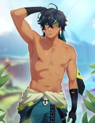 armpits brown-skinned_male chest_tattoo dark-skinned_male dark_skin genshin_impact kinich_(genshin_impact) male_only mayan native_american_male ngreentail nipples shirtless sweat sweatdrop tattoo tattoos