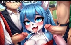 age_difference ai_generated blowjob blue_eyes blue_hair blush breasts_out cat_ears chibi classroom cum_in_mouth flashing_penis furry genital_fluids group human_on_anthro looking_at_viewer looking_pleasured open_mouth oral penis penis_out public public_nudity school_uniform schoolgirl surrounded_by_penises vanstyler