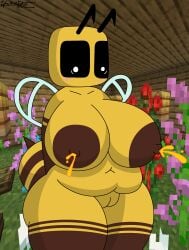 1girls areola areolae bee_(minecraft) big_breasts blush chubby lactating minecraft pussy thick_thighs unusual_lactation woodsglue