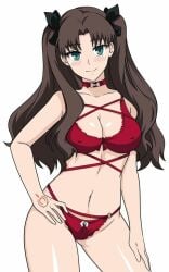 1girls brown_hair cleavage fate/stay_night fate_(series) female female_only hfxpins human lingerie red_lingerie solo tohsaka_rin