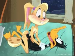 absurd_res anatid anseriform avian bed bedroom_sex bird blonde_hair daffy_duck darkpain duck duo female furniture hair happy happy_sex hi_res lagomorph leporid lola_bunny looney_tunes male male/female mammal pillow rabbit sex smile the_looney_tunes_show warner_brothers white_pillow