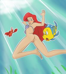 1girls 2boys alternate_species anus ariel ariel_(the_little_mermaid) ass barefoot bra bra_only crab crustacean disney disney_princess feet female feral fish flounder freediving higon human male marine ocean pussy sea sebastian_(disney) swimming the_little_mermaid topless underwater water