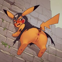 1girls ai_generated alternate_costume anus ass ass_focus bottomless bottomless_female cloak damaged_clothes embarrassed embarrassed_nude_female enf female female_only game_freak looking_back nintendo pikachu pokemon pokemon_(species) pussy scalieton self_upload surprised surprised_expression torn_clothes