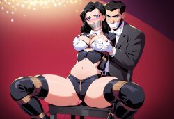 ai_generated belly belly_button black_panties bondage breast_grab chair female legs_apart magician male open_legs thighhighs vibrator young_justice zatanna zatanna_(young_justice) zatanna_zatara