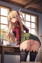 ai_generated aindroidparanoid alisa_reinford bent_over blonde_hair breasts cameltoe from_behind hips leaning_forward long_hair narrow_waist panties peace_sign pussy red_eyes ribbons school_uniform schoolgirl schoolgirl_uniform shirt showing_panties skirt stable_diffusion the_legend_of_heroes thick_legs tight_clothes trails_of_cold_steel twintails wide_hips