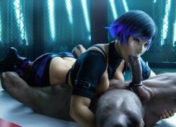 1boy 1girls 3d 3d_(artwork) blender_(software) blowjob blowjob_face breasts cock_ring dark_hair femdom fighting_ring fluids forced_blowjob gimp_mask headlock headlock_with_thighs null_renders penis reina_mishima sloppy sloppy_blowjob tekken tekken_8 violet_eyes