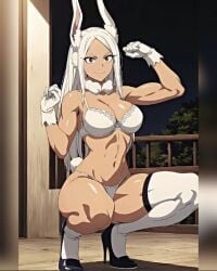 ai_generated big_ass big_breasts big_butt bunny_girl dark_skin fists_up half_naked heels high_heels miruko mommy my_hero_academia red_eyes rumi_usagiyama smiling squatting white_gloves white_hair white_pantyhose