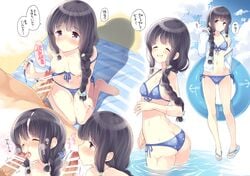 1boy ass bar_censor bikini black_hair blue_bikini blush braid breasts censored cum facial fellatio female front-tie_top full-face_blush innertube jacket kantai_collection kitakami_(kantai_collection) komi_zumiko nipples oral penis side-tie_bikini swimsuit tagme untied untied_bikini