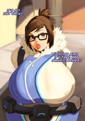 1girls big_breasts big_lips breast_focus breasts brown_eyes brown_hair clothing endremora english english_text eyewear female female_only glasses hair hair_ornament huge_breasts large_breasts lips mei_(overwatch) nipple_bulge overwatch overwatch_2 parted_lips solo solo_female sweat sweatdrop text thick_lips