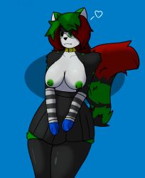 anthro armwear bottomwear breasts chromer.exe chromer_exe clothing collar domestic_cat felid feline felis female green_eyes green_hair green_nipples hair hi_res legwear mammal nipples skirt solo thigh_highs