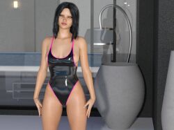 1girls 3d black_hair latex_swimsuit one-piece_swimsuit original swimsuit tommy9927