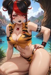 1girls ai_generated big_breasts black_fingernails black_hair black_lipstick double_bun female female_only hair_streak jungle_girl marinette_dupain-cheng miraculous_ladybug miraculous_ladybug_paris multicolored_hair painted_nails panties re-verse_marinette red_eyes red_hair solo tagme thighs tiger_print two_tone_hair unknown_artist voluptuous voluptuous_female