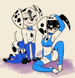 101_dalmatian_street 101_dalmatians anthro black_spots blue_collar blue_lingerie blush breasts canid canine canis collar cub dee_dee_(101_dalmatians) digital_art digital_drawing digital_drawing_(artwork) digital_media digital_media_(artwork) disney dizzy_(101_dalmatians) female female/female half-closed_eyes legs_spread lingerie smiling_at_viewer soulcentinel tail white_body white_fur white_spots