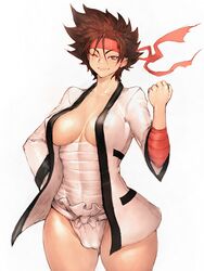 1girls breasts brown_eyes brown_hair cameltoe cleavage curvy female female_only fumio_(rsqkr) fundoshi headband hourglass_figure human large_breasts pale-skinned_female pale_skin rule_63 rurouni_kenshin sanosuke_sagara short_hair shounen_jump solo standing thick_thighs tomboy wide_hips wink