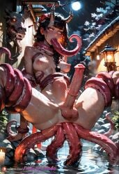 ai_generated all_the_way_through anal anal_insertion anal_sex ass asshole balls bangs black_hair blush dickgirl erect_penis erection feet flared_penis futanari hair_flower hair_ornament heels horsecock hot_spring huge_cock in_ass_out_mouth lifted_by_tentacles makeup manofmidas nipples oni oni_female oni_horns onsen quadruple_anal samurai small_breasts soles stomach_bulge stomach_deformation stretched_anus suspended tentacle tentacles_around_arms tentacles_around_legs tentacles_in_ass yellow_eyes