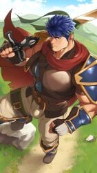 bara biceps blue_eyes blue_hair bulge clothing fire_emblem fire_emblem:_path_of_radiance fire_emblem:_radiant_dawn ike_(fire_emblem) looking_at_viewer male male_only muscular_male nintendo ruisselait tight_clothing